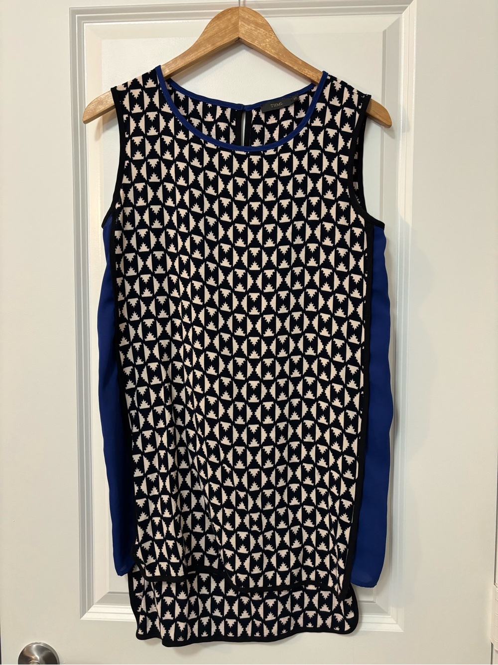 THML Black and Blue Geometric Sleeveless Minidress, Size XS